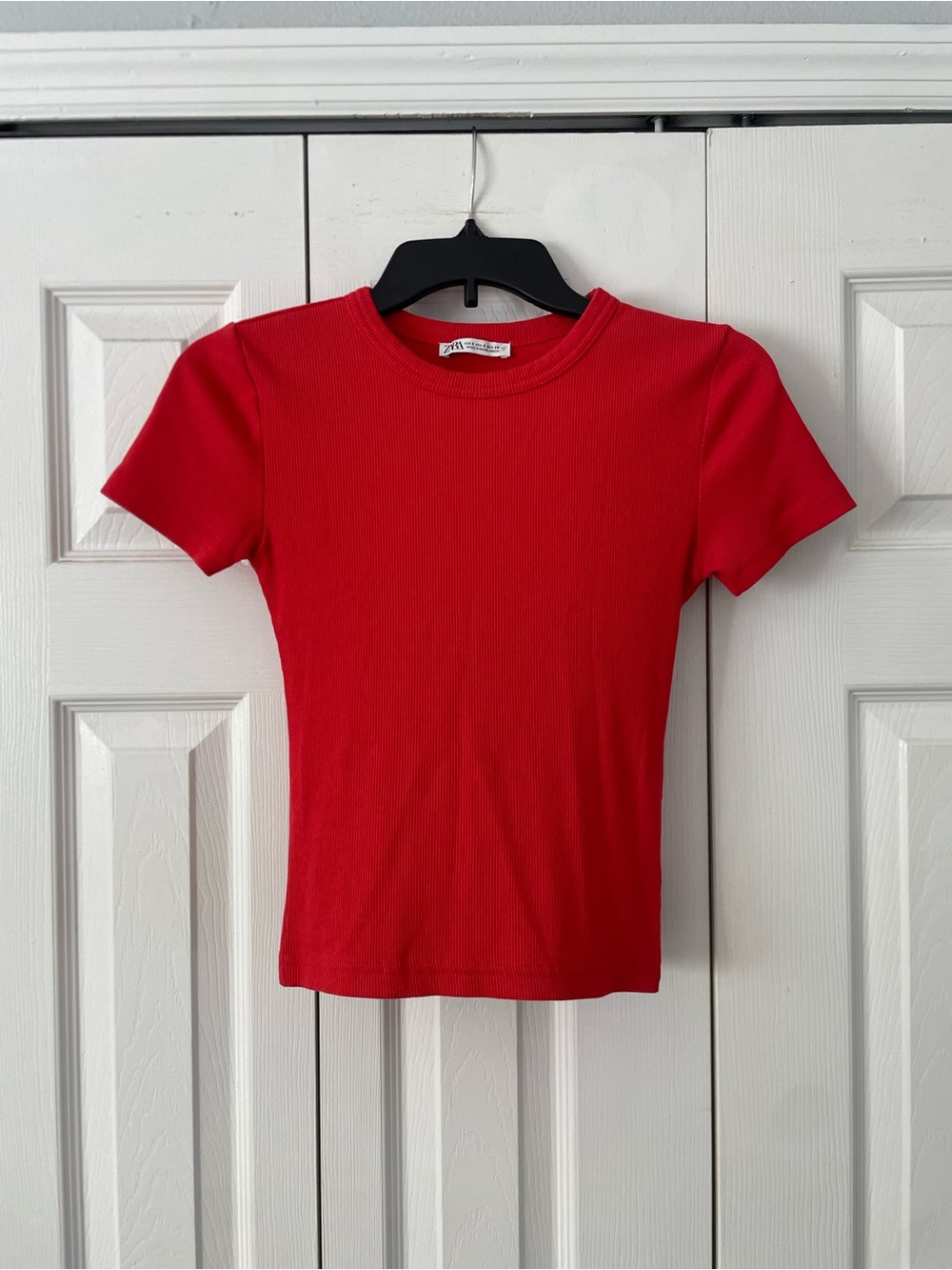 Zara Bright Red Ribbed Short Sleeve Tee